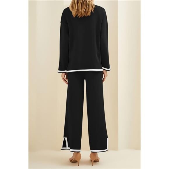 Women's 2-Piece Knit Sweater Set: Casual Long Sleeve Pullover & Wide Leg Pants - Picture 2 of 7